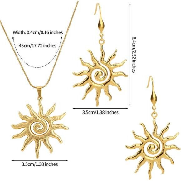 Gold sun pendant necklace earrings set dainty sunflower charm solar jewelry gift - Picture 2 of 8